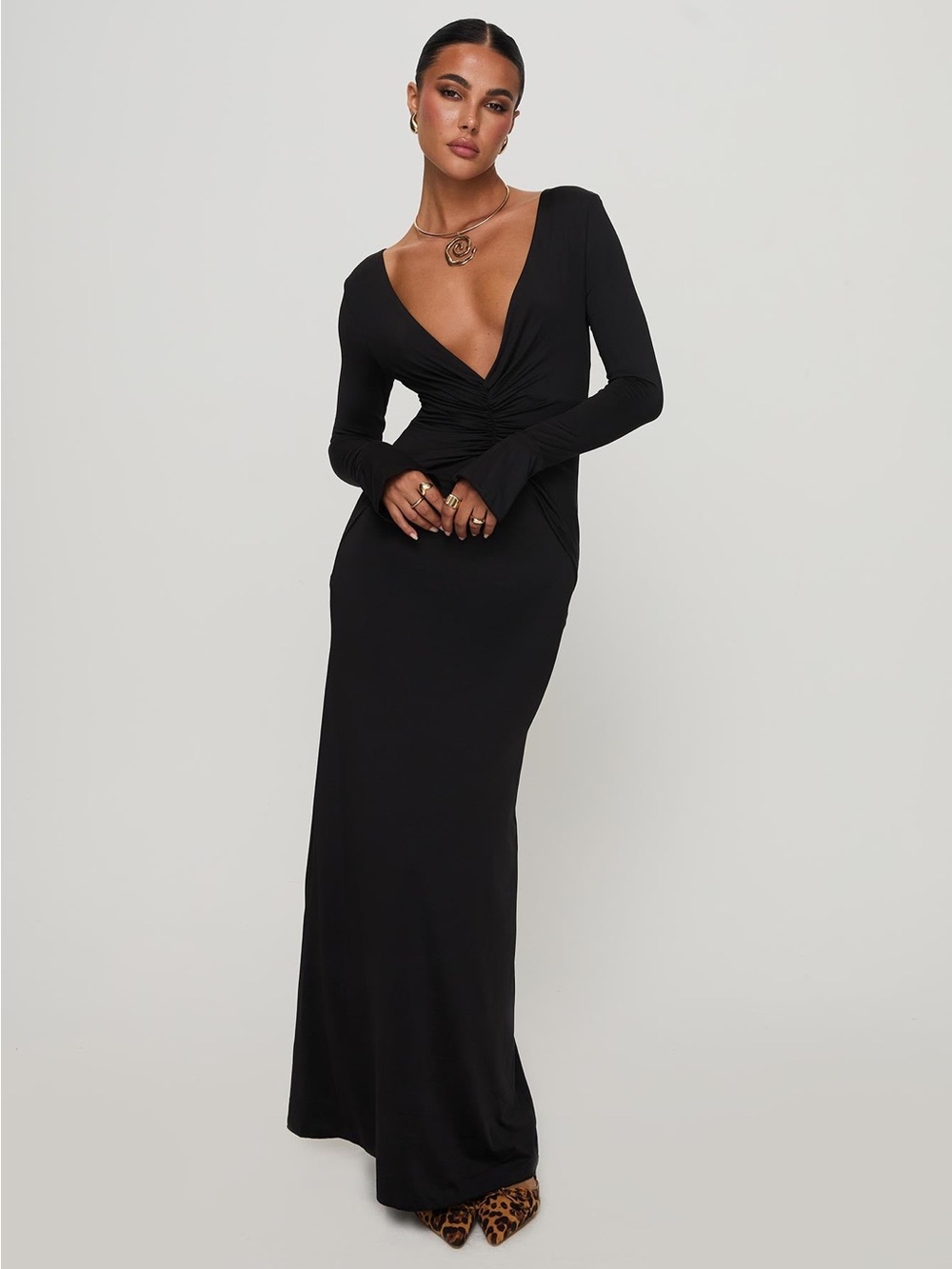 Princess Polly Lezure Plunge Long Sleeve Maxi Dress Black Open Back US 2 NWOT